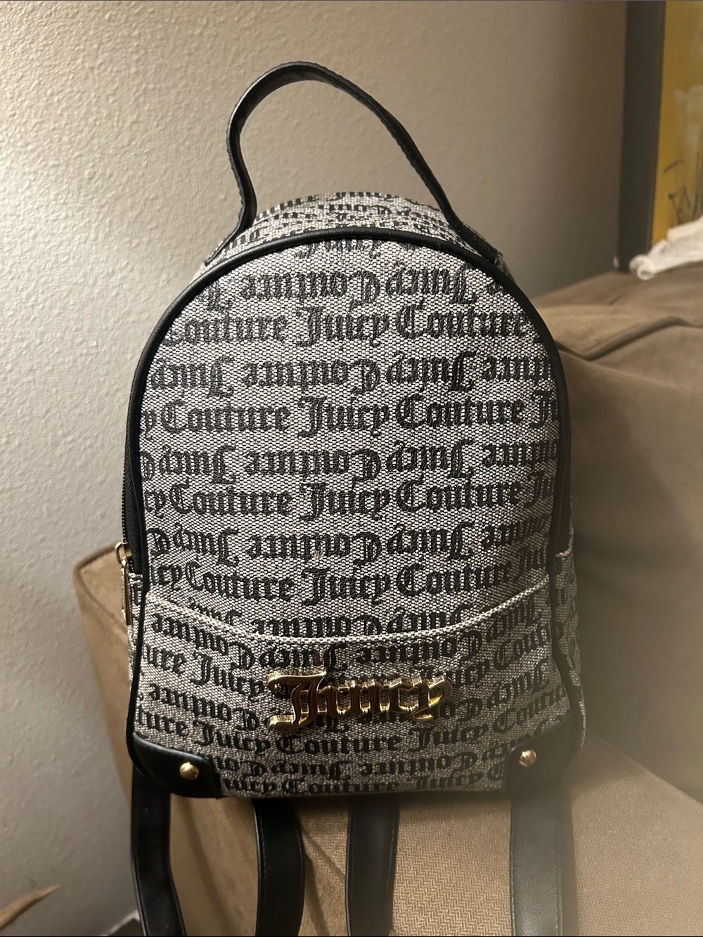Juicy Couture Black and White Logo Mini Backpack with Gold Script
